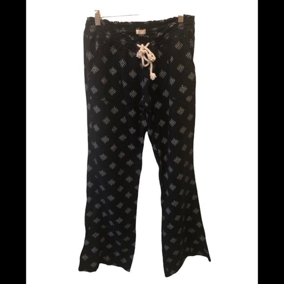 Roxy Black Printed Snowflake Lounge Pant Sz L Relaxed Flare Hem Drawstring Waist - Picture 1 of 5